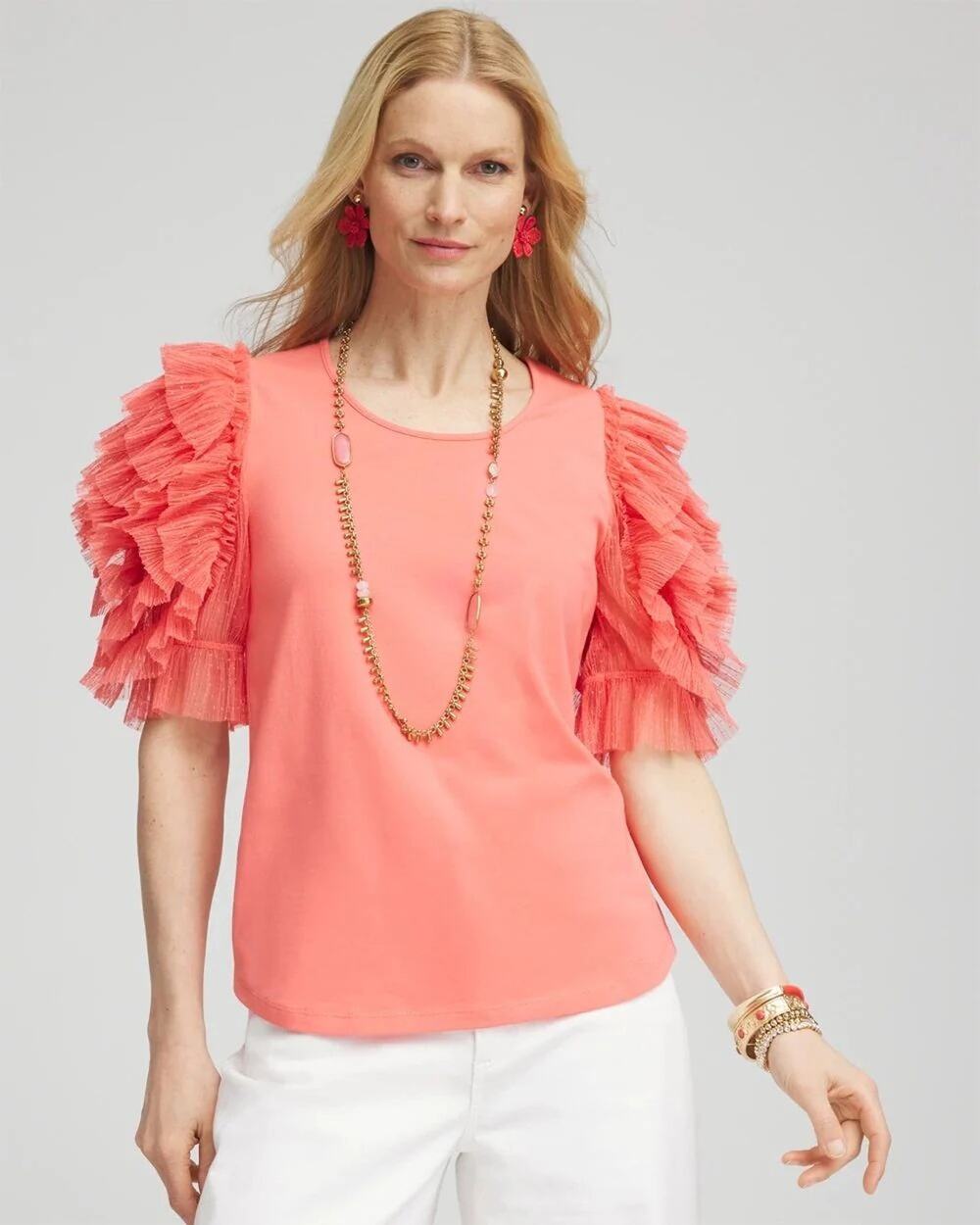 Chico's Pleated Tulle-Sleeve Top Coral Sz XL NWT
